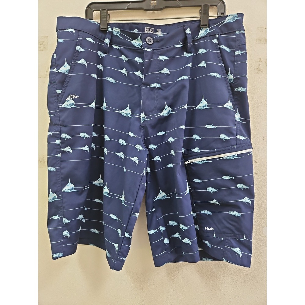 Huk Shorts Mens 36 Swordfish Print 11" Cargo Chinos Stretch Fishing